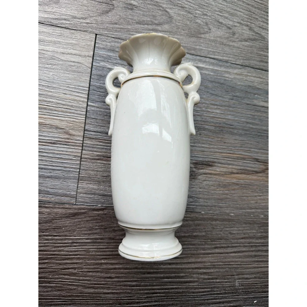 Vintage White Ceramic Vase Gold Handles Pink Rose‎ Bud Embossed Floral Accent